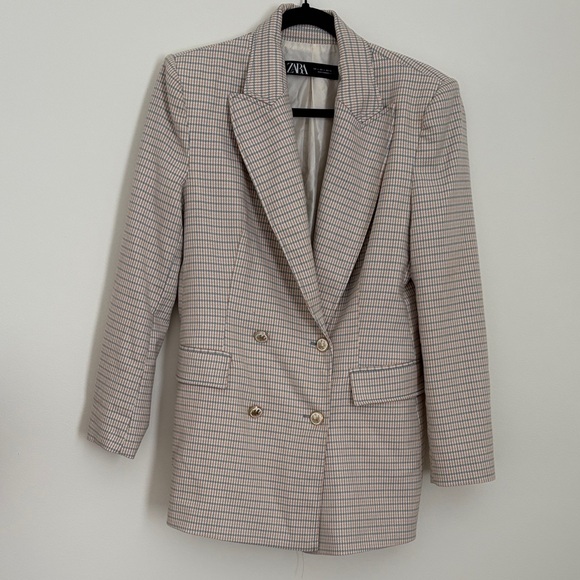 Zara Jackets & Blazers - Zara Women's Checkered Blazer in Cream, Brown and blue